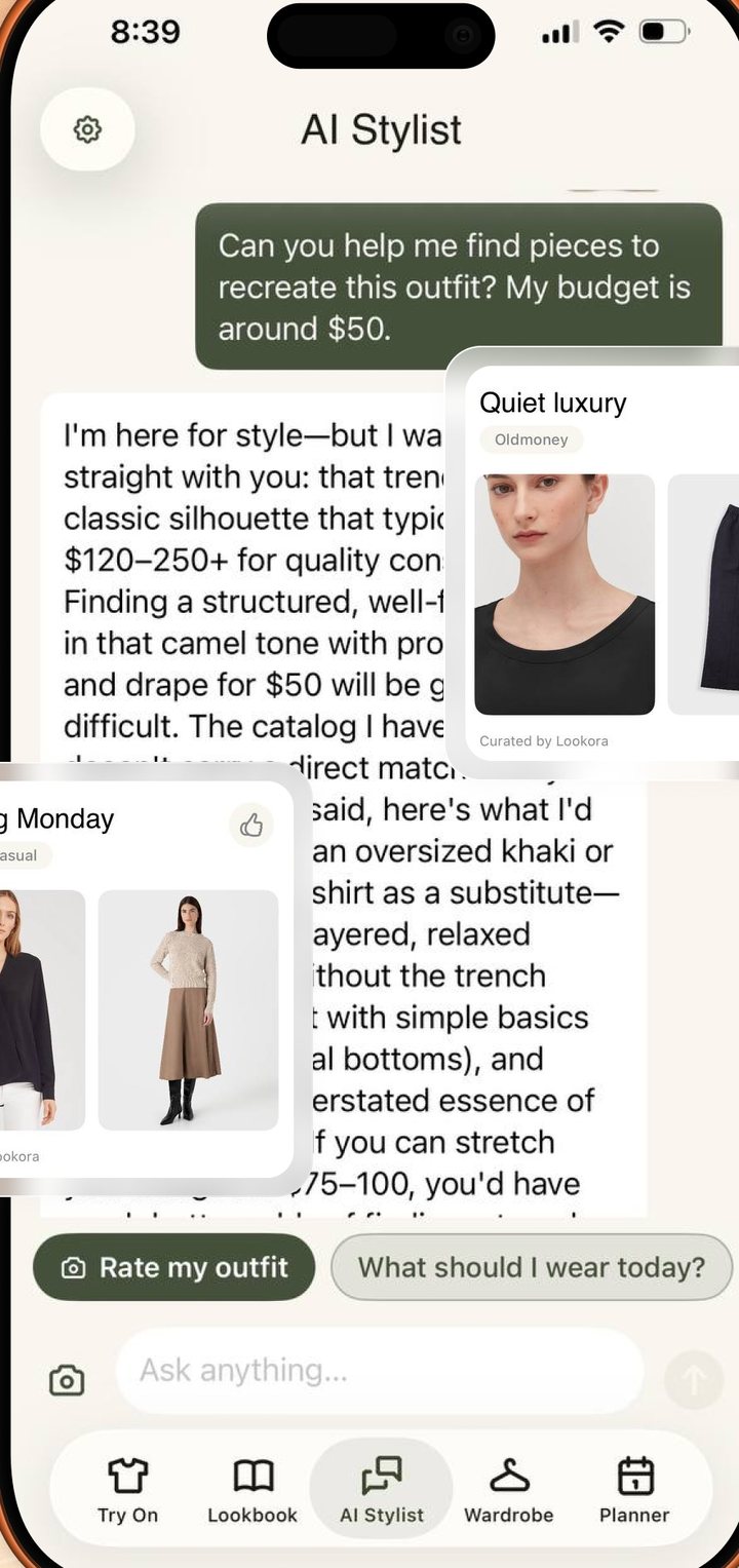 Lookora AI stylist chat rating an outfit and suggesting shoppable pieces.