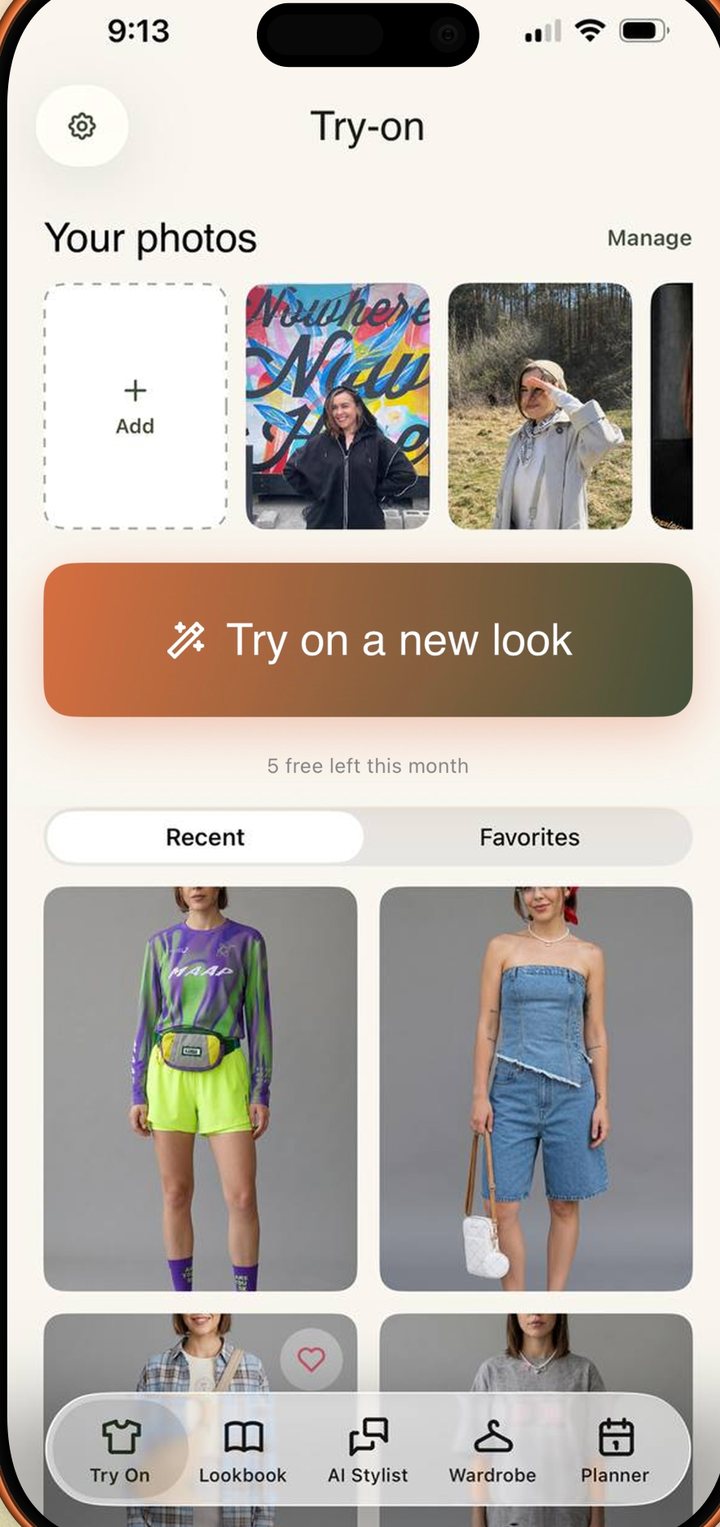 Lookora Try-On tab showing generated looks and the monthly free try-on allowance.